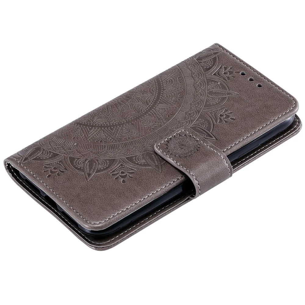 Imprinted Mandala Flower PU Leather Wallet Case Stand Magnetic Closure Flip Cover with Lanyard for iPhone 12 mini 5.4 inch - Grey - 5