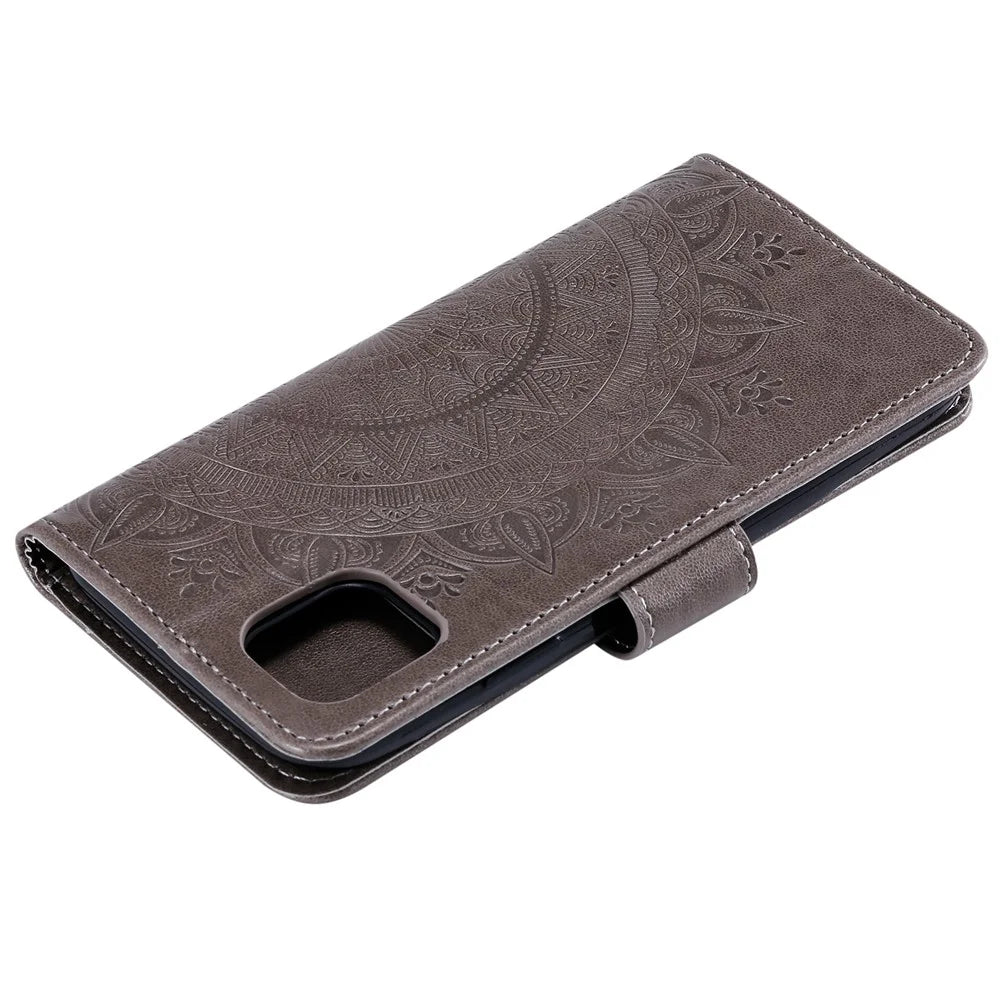 Imprinted Mandala Flower PU Leather Wallet Case Stand Magnetic Closure Flip Cover with Lanyard for iPhone 12 mini 5.4 inch - Grey - 6