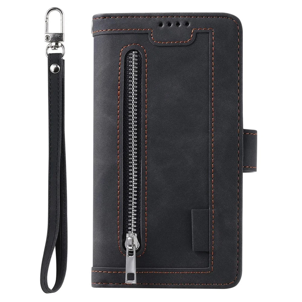 Zipper Pocket 9 Card Slots Leather Wallet Case for iPhone 12 mini 5.4 inch - Black - 2