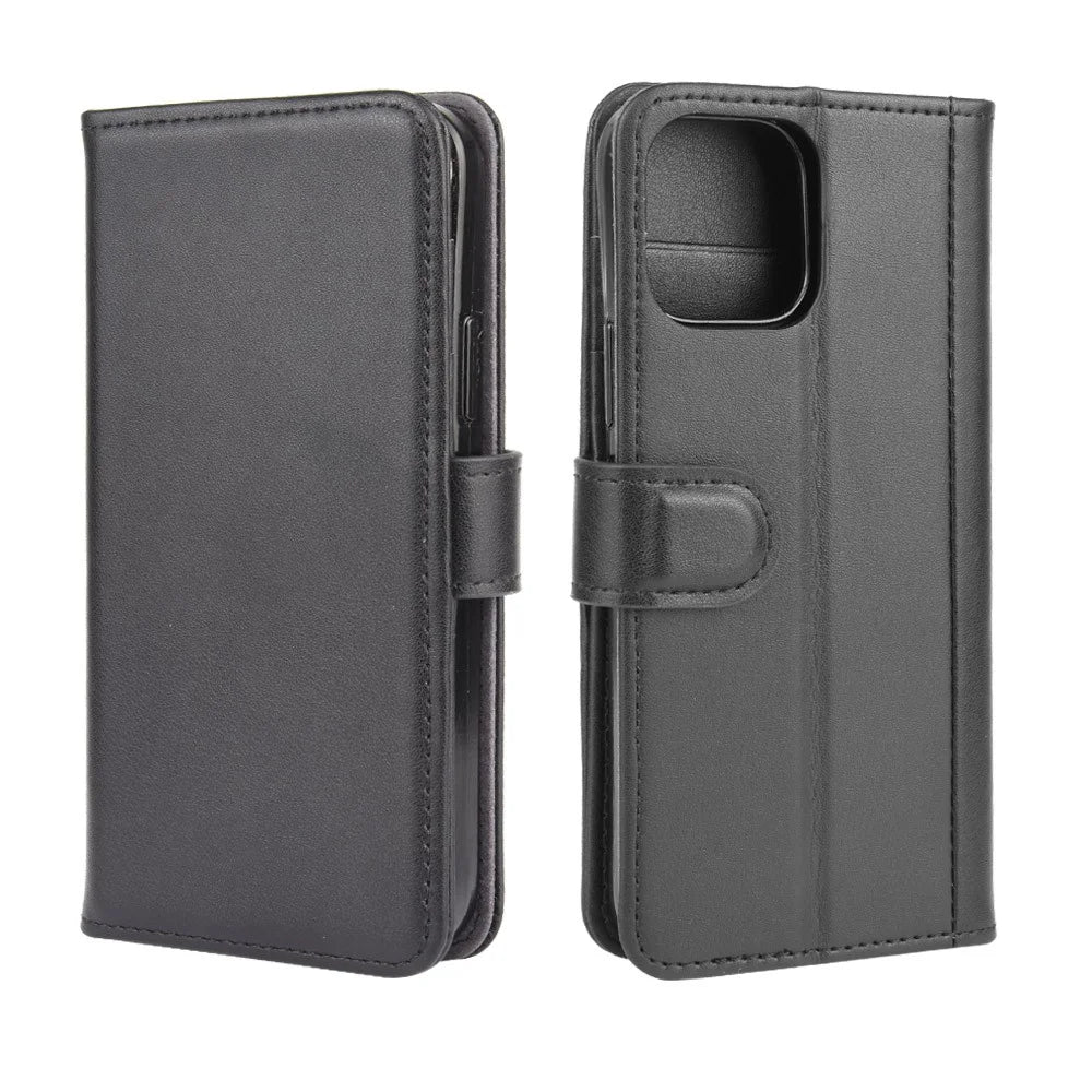 For iPhone 12 mini Phone Cases Genuine Split Leather Wallet Mobile Cover Stand - Black - 2