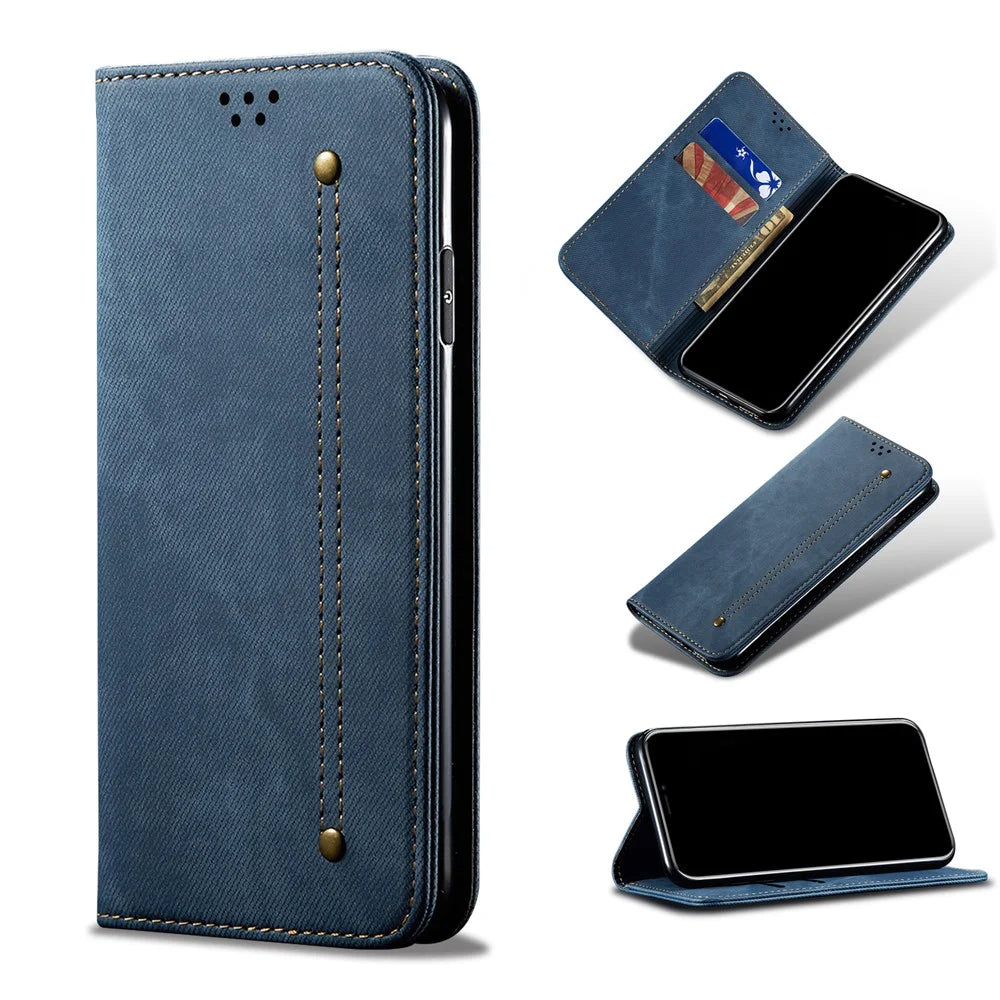 Jeans Cloth Texture Wallet Leather Mobile Phone Protective Cover for iPhone 12 Pro/12 - Blue - 1