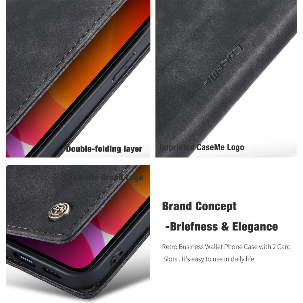 CASEME 013 Series Wallet Stand Auto-absorbed Leather Cover for iPhone 12 mini - Black - 4