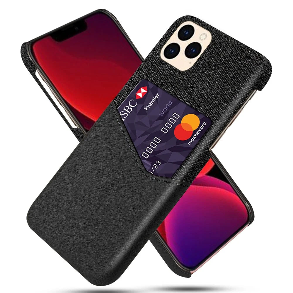 with Card Holder Cloth + PU Leather Coated PC Cover for iPhone 12 Pro / 12 - Black - 1