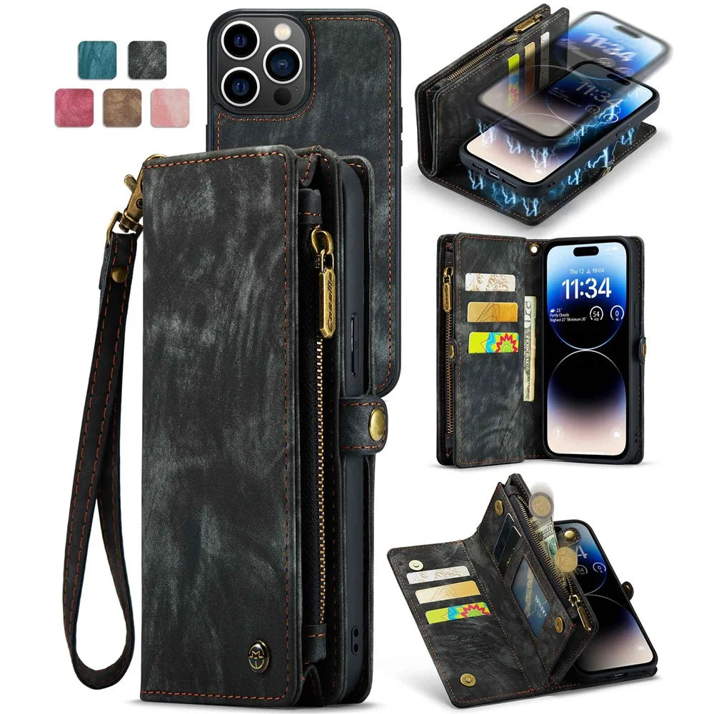 CASEME 008 Series Kickstand Zipper 2-in-1 Detachable Wallet PU Leather Case for iPhone 12 Pro Max 6.7-inch - Black - 1