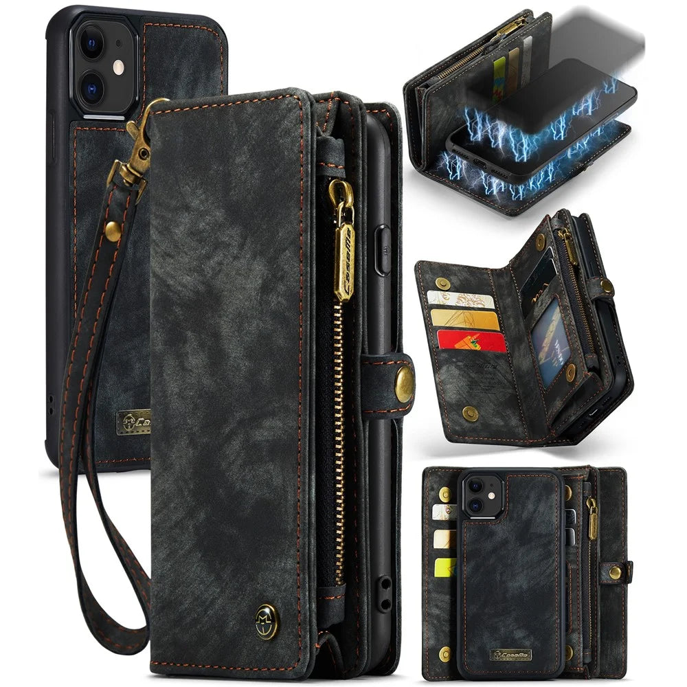 CASEME 008 Series PU Leather Magnetic Multi-function Zipper Wallet Detachable Stand Case for iPhone 12 mini 5.4 inch - Black - 1