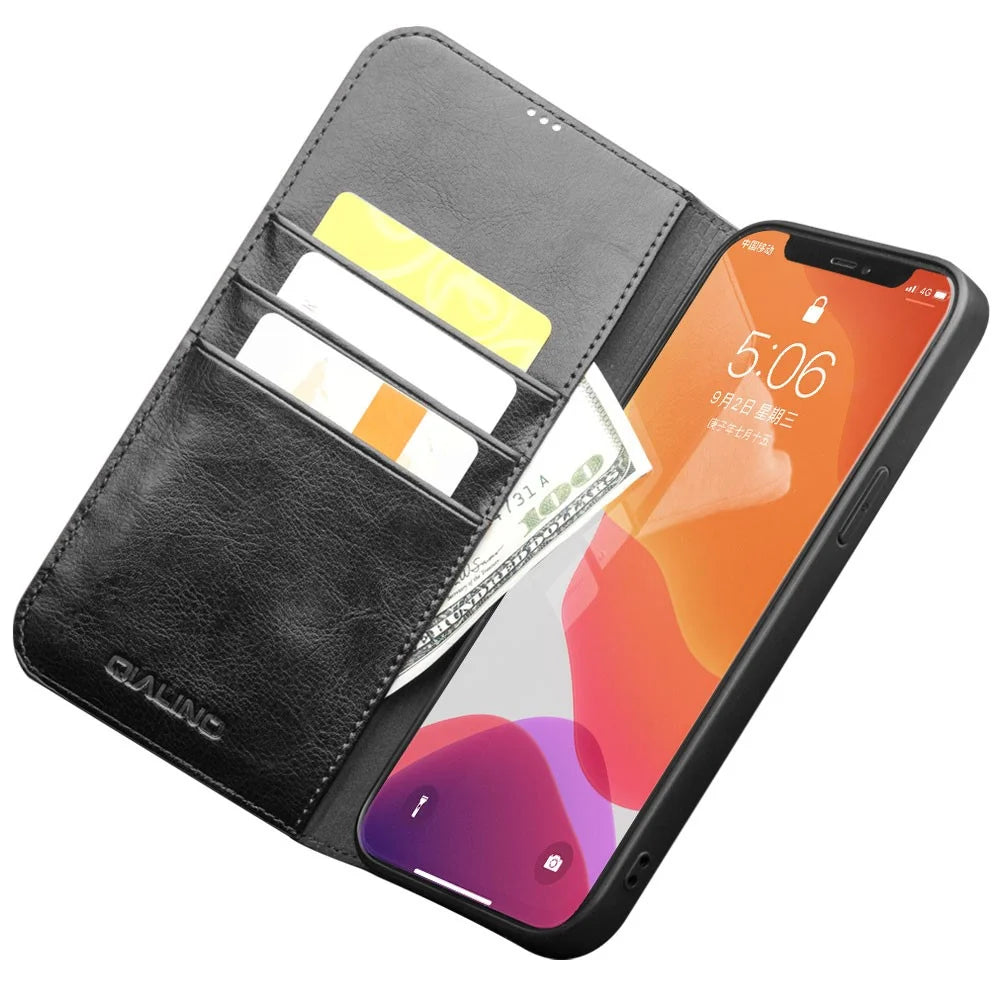 QIALINO For iPhone 12 Pro Max 6.7 inch Genuine Cowhide Leather Phone Case Wallet Stand Shockproof Protective Cover - Black - 2