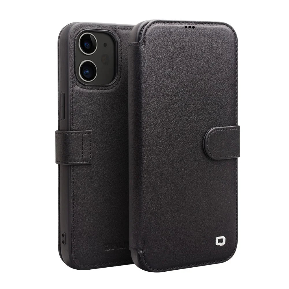 QIALINO Commercial Magnetic Clasp Top Cowhide Leather Case for iPhone 12 mini Cover - Black - 1