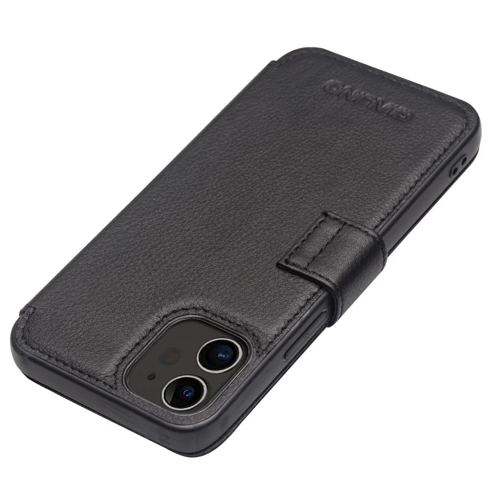 QIALINO Commercial Magnetic Clasp Top Cowhide Leather Case for iPhone 12 mini Cover - Black - 3