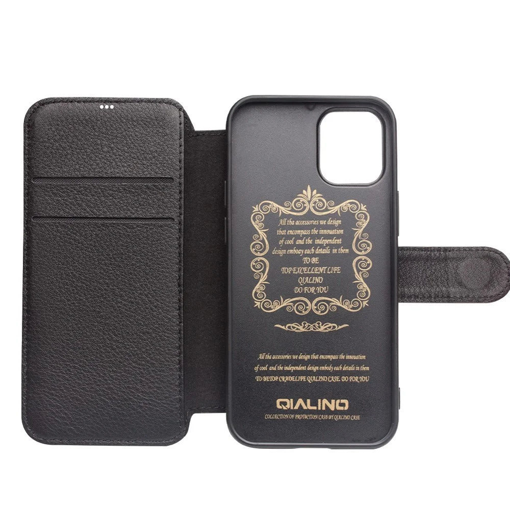 QIALINO Commercial Magnetic Clasp Top Cowhide Leather Case for iPhone 12 mini Cover - Black - 4