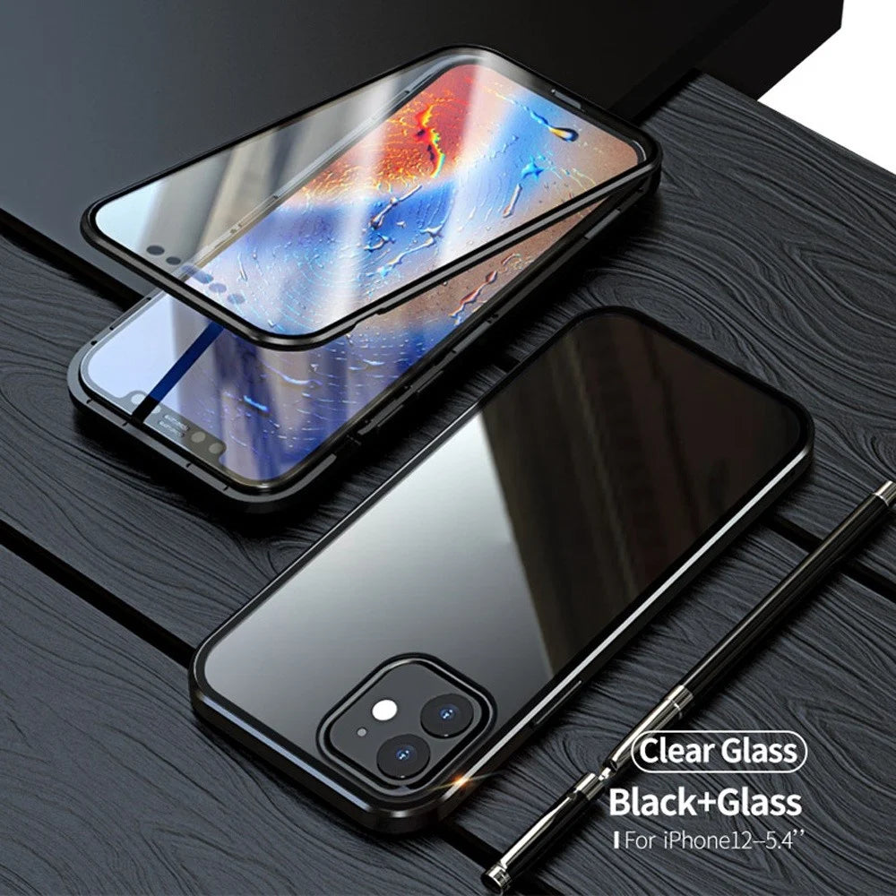 For iPhone 12 mini 5.4 inch Mutiple Colors Magnetic Installation Metal Edge + Double-sided Tempered Glass Cover - Black - 2