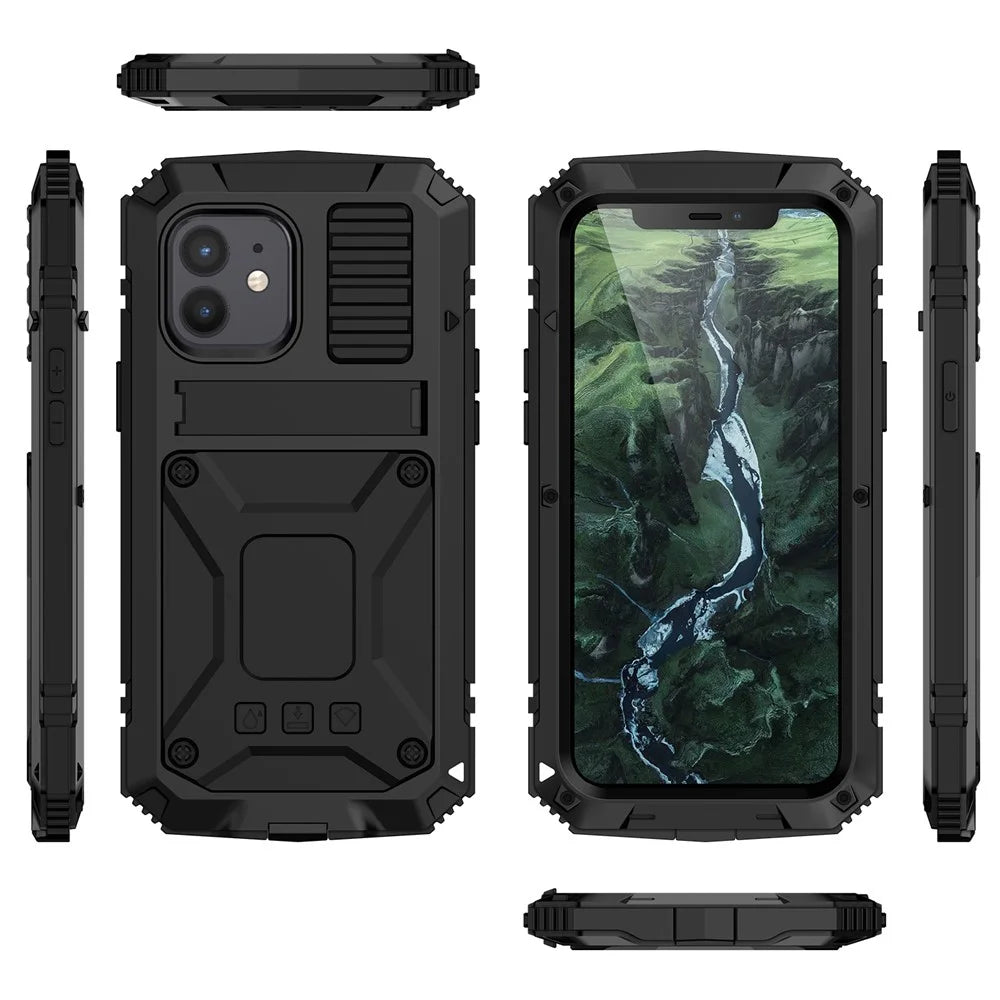 R-JUST Shockproof Dustproof Waterproof Protector Cover for iPhone 12 mini Kickstand Shell - Black - 3
