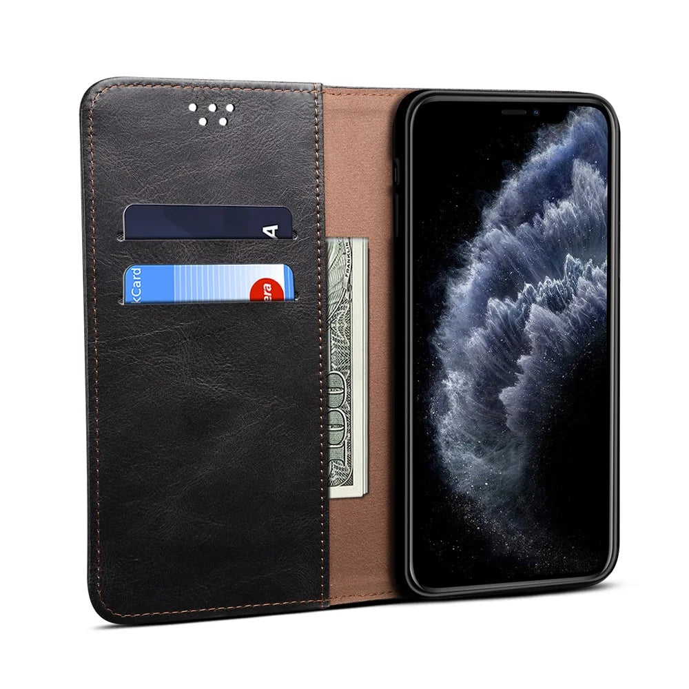 Waxy Crazy Horse Texture TPU + PU Leather Phone Cover Shell for iPhone 12/12 Pro - Black - 5