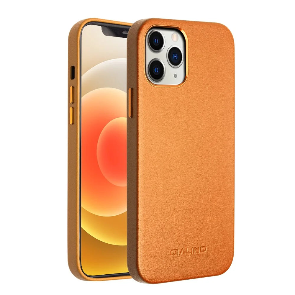 QIALINO Cowhide Leather Coated TPU Phone Cover for iPhone 12 / 12 Pro - Yellow - 1