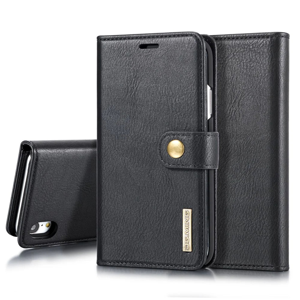 DG.MING Split Leather Wallet Cover for iPhone XR 6.1-inch, Stand Feature Detachable 2-in-1 Flip Case - Black - 1