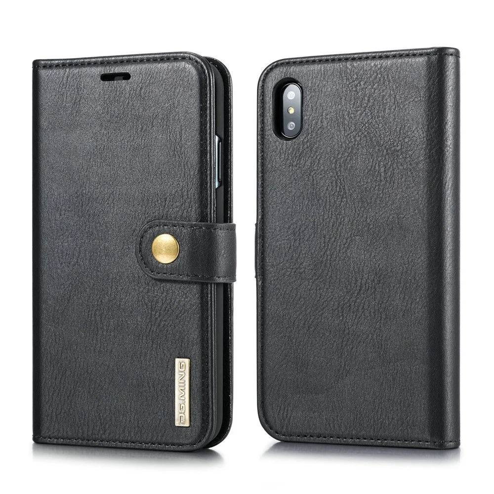 DG.MING Cover for iPhone XS Max 6.5 inch Detachable 2-in-1 Split Leather Wallet Shell + PC Back Case - Black - 2