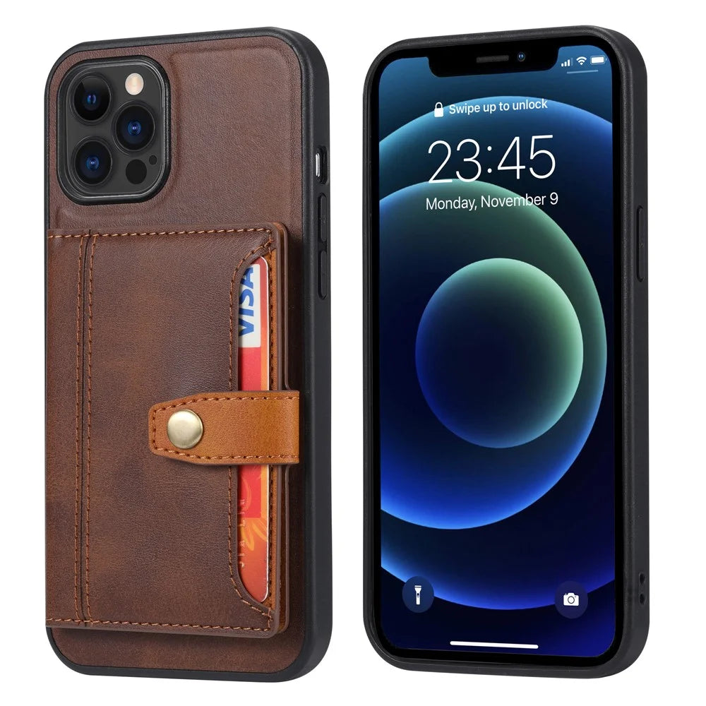 Full Protection PU Leather Coated TPU Case with Kickstand and Card Slots for iPhone 12/12 Pro - Brown - 1