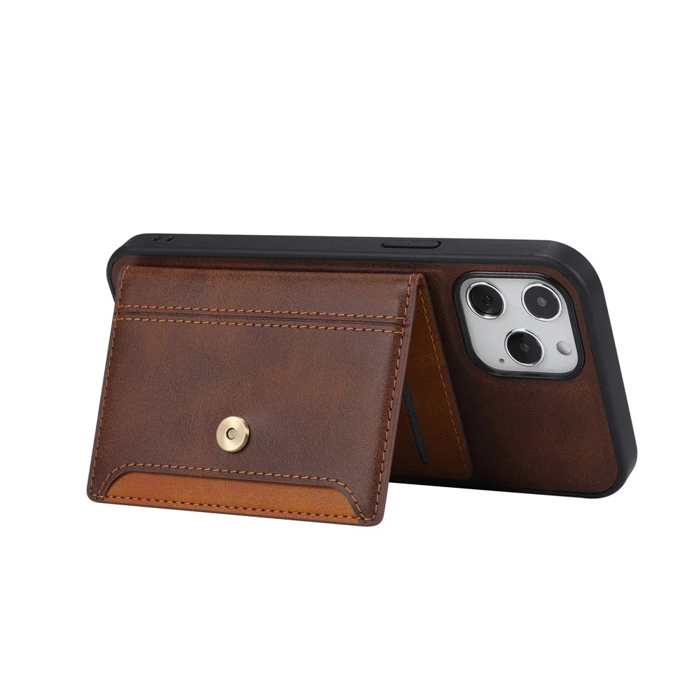Full Protection PU Leather Coated TPU Case with Kickstand and Card Slots for iPhone 12/12 Pro - Brown - 4