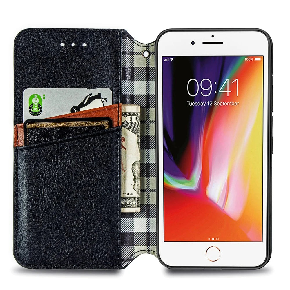 For iPhone 7 / 8 / SE (2020) / SE (2022) PU Leather Case Rhombus Imprint Wallet Stand Phone Cover - Black - 5