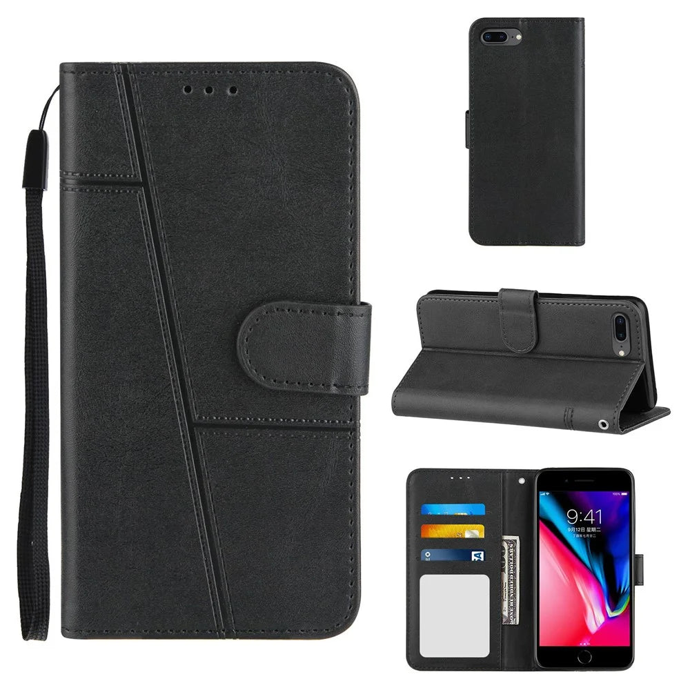 Splicing Leather Phone Cover Stand Case with Wallet for iPhone 6 Plus 5.5 inch/7 Plus 5.5 inch/8 Plus 5.5 inch - Black - 7