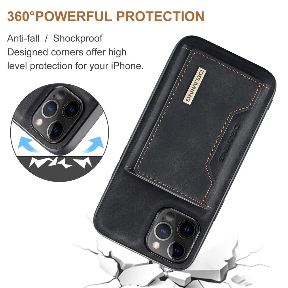 DG.MING M2 Series Kickstand Design Magnetic Tri-fold Wallet Leather Phone Case Shell for iPhone 12 Pro Max 6.7 inch - Black - 4