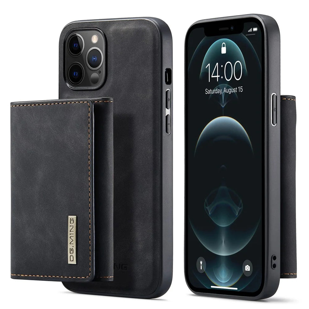DG.MING M1 Series Magnetic Tri-fold Wallet PU Leather Kickstand Phone Case for iPhone 12 / 12 Pro - Black - 1