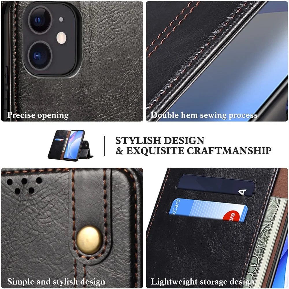 Wallet Design Oil-Waxy Leather Full Protection Phone Stand Case for iPhone 13 6.1 inch - Black - 6