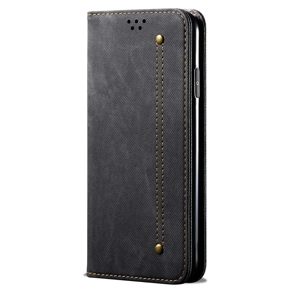 Jeans Cloth Texture Full Protection Leather Wallet Case with Stand for iPhone 13 6.1 inch - Black - 2