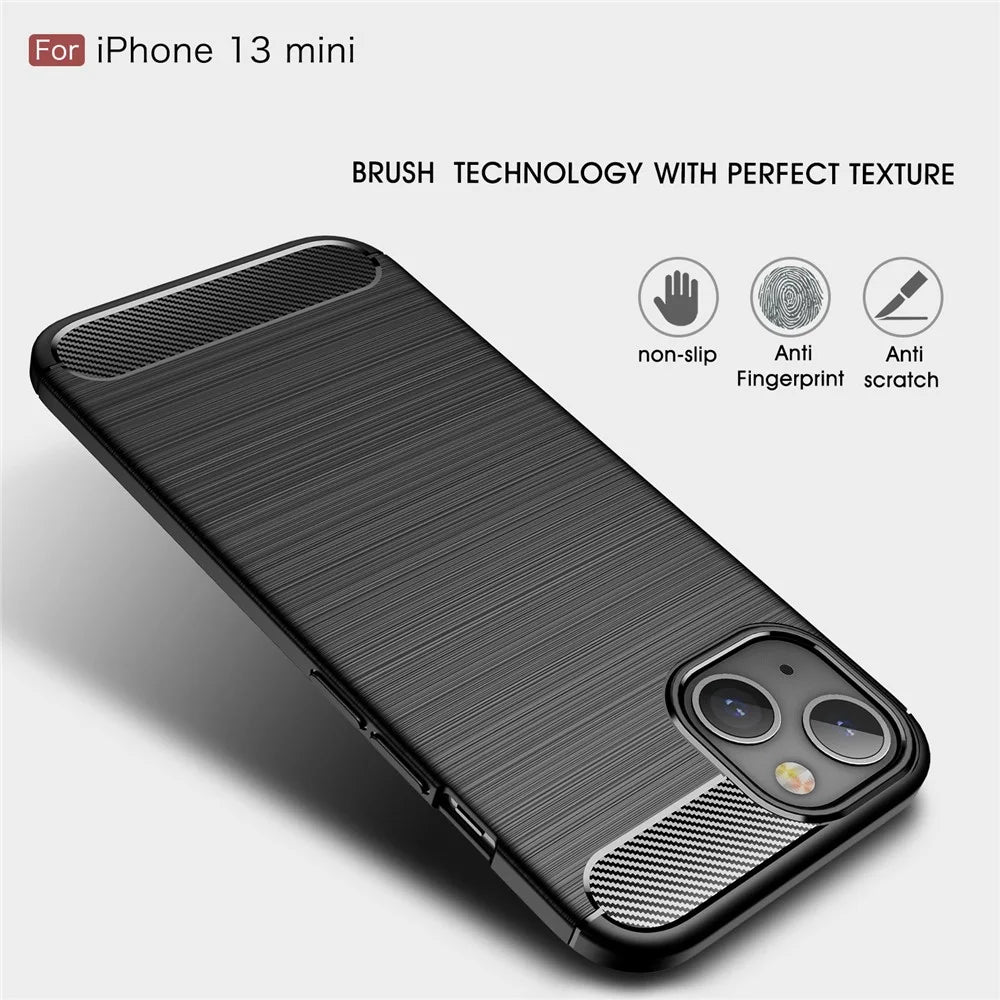 TPU Carbon Fiber Texture Brushed Flexible Phone Protective Back Case for iPhone 13 mini 5.4 inch - Black - 3