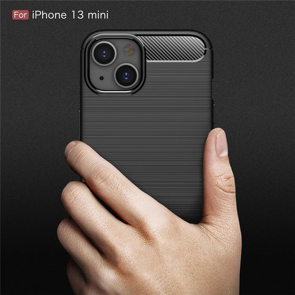 TPU Carbon Fiber Texture Brushed Flexible Phone Protective Back Case for iPhone 13 mini 5.4 inch - Black - 6
