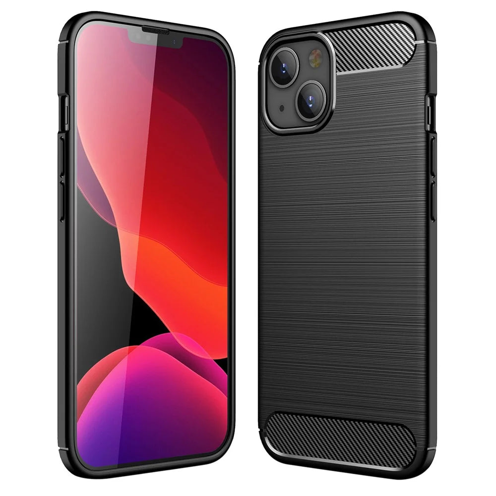 For iPhone 13 6.1 inch Fashion Brushed Flexible Soft TPU Anti-Scratch Carbon Fiber Protective Cover - Black - 1