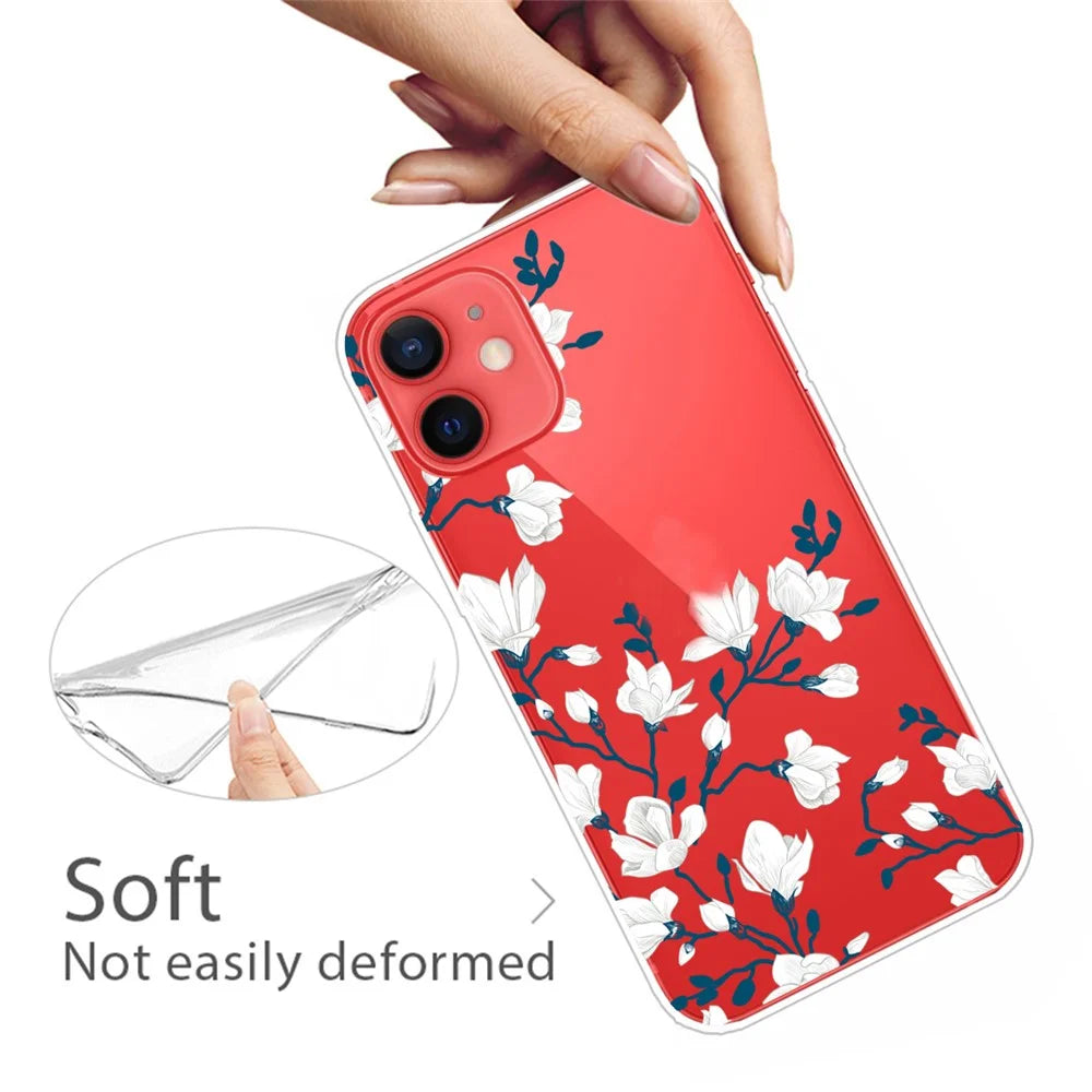 Cute Pattern Printing Design Soft TPU Shock Clear Protective Back Case for iPhone 13 6.1 inch - White Flowers - 2