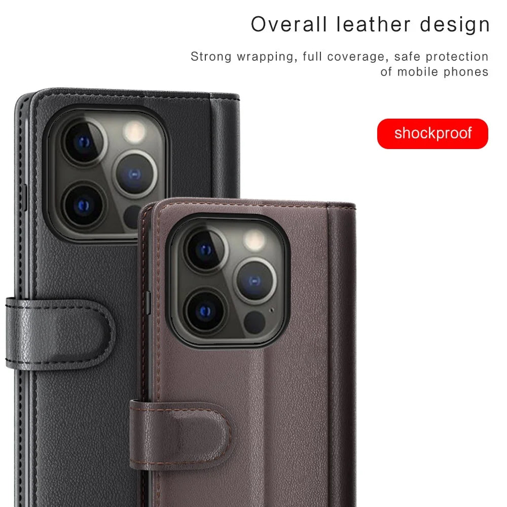 Genuine Leather Wallet Design Phone Stand Shell Case for iPhone 13 Pro Max 6.7 inch - Black - 3