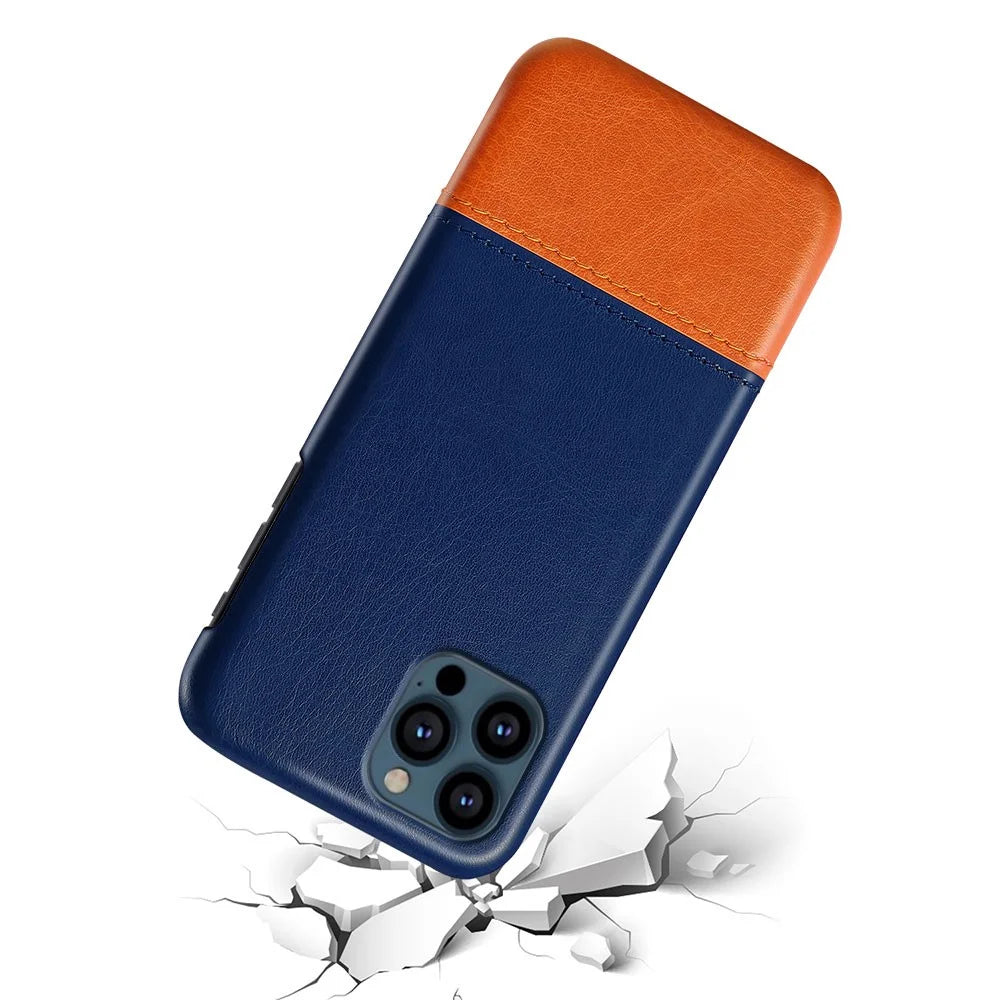 PU Leather Coated Dual-color Splicing PC Phone Case Cover for iPhone 13 Pro Max 6.7 inch - Blue / Khaki - 2