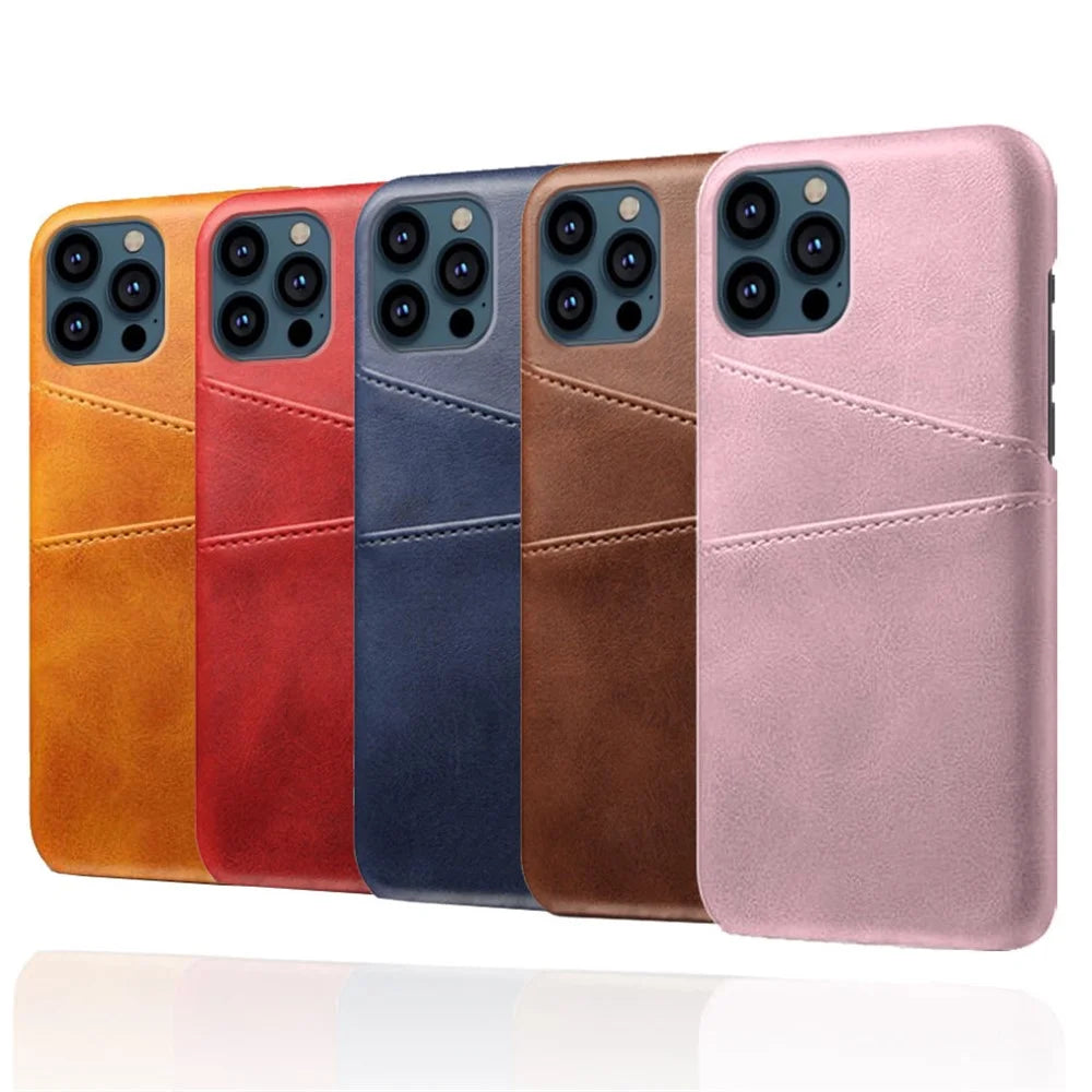 Leather Coated PC Phone Case for iPhone 13 Pro 6.1 inch, Double Card Slots Ultra Slim Protector Shell - Orange - 5