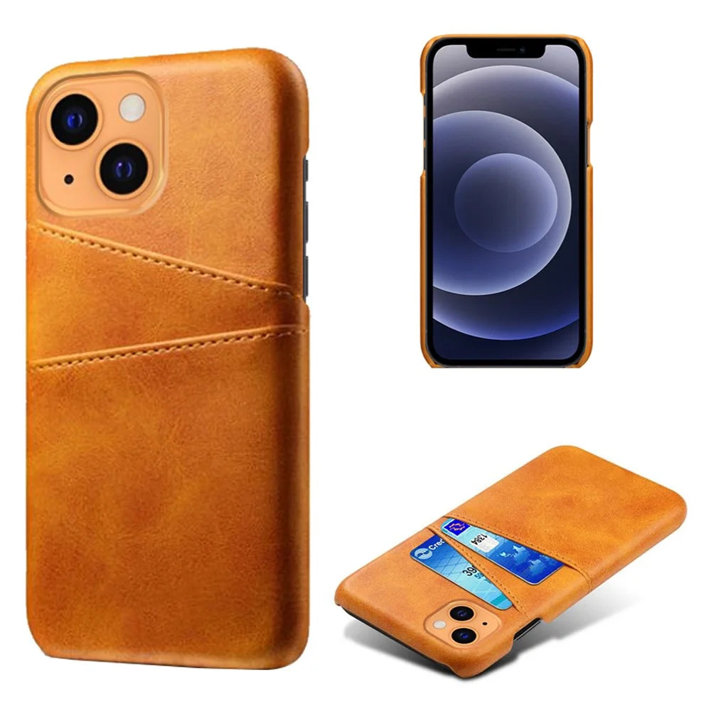 Back Case for iPhone 13 6.1 inch, Soft Touch PU Leather Coated Hard PC Cover with Dual Card Slots - Orange - 1