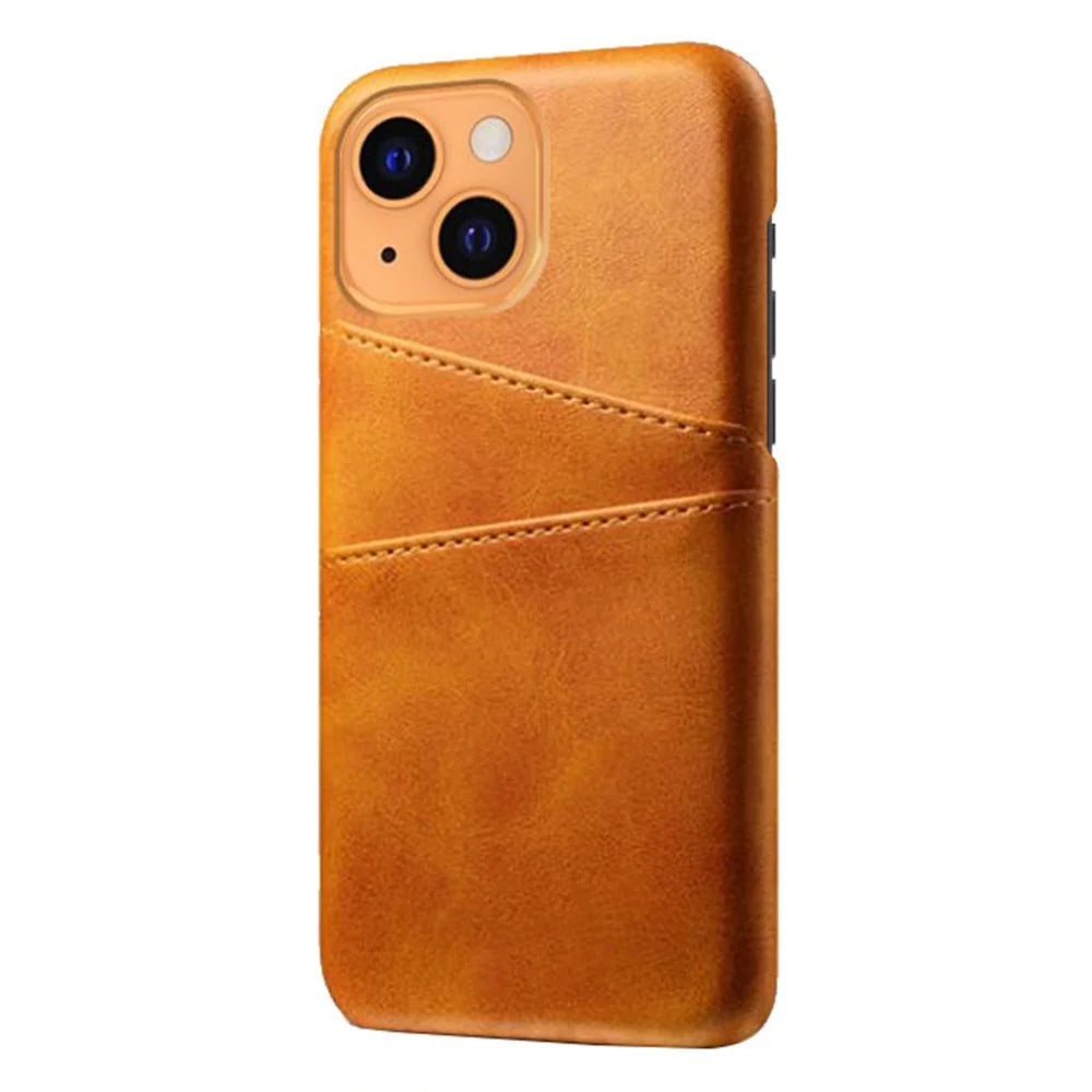 Back Case for iPhone 13 6.1 inch, Soft Touch PU Leather Coated Hard PC Cover with Dual Card Slots - Orange - 2