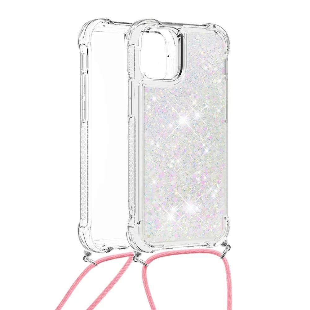 Anti-fall Quicksand Shiny Glitter Mobile Phone TPU Cover with Lanyard for iPhone 13 mini 5.4 inch - Shiny Hearts - 2