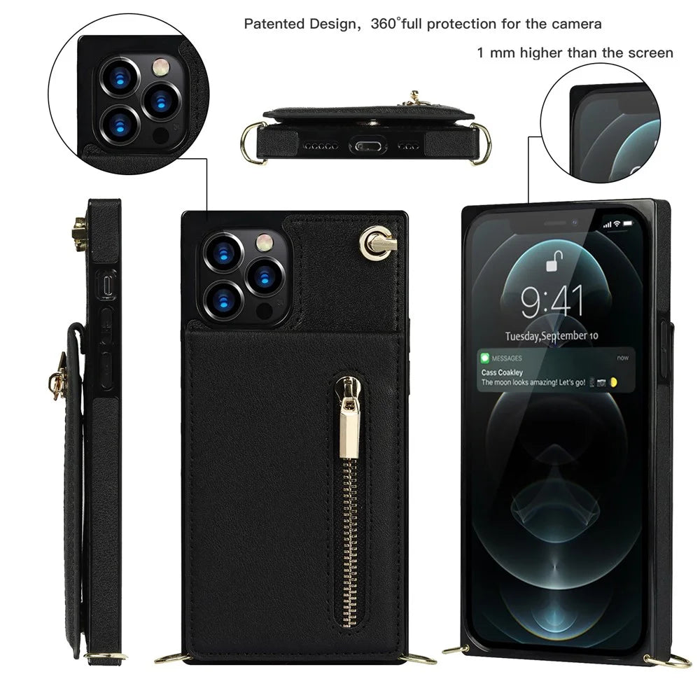 Shockproof Kickstand Design PU Leather Coated TPU Hybrid Case Phone Shell with Lanyard for iPhone 12 / 12 Pro - Black - 2