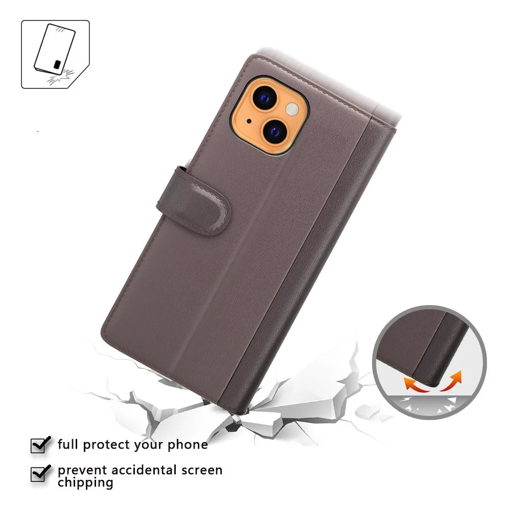 For iPhone 13 Split Leather Full Protection Phone Shell Protective Case with Waller Stand - Black - 4