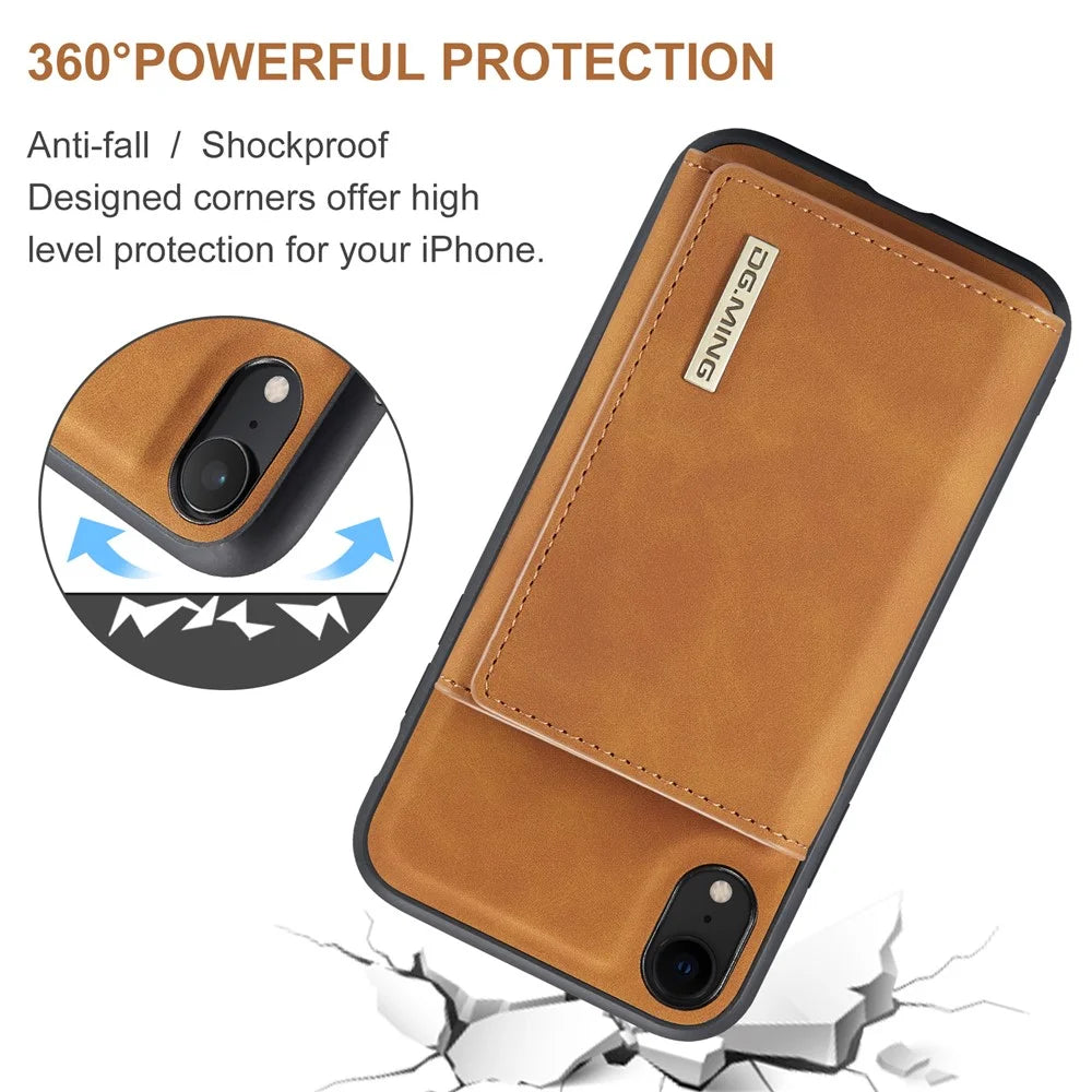 DG.MING M1 Series Phone Shell Hybrid Case with Kickstand and Magnetic Wallet for iPhone XR 6.1 inch - Brown - 3