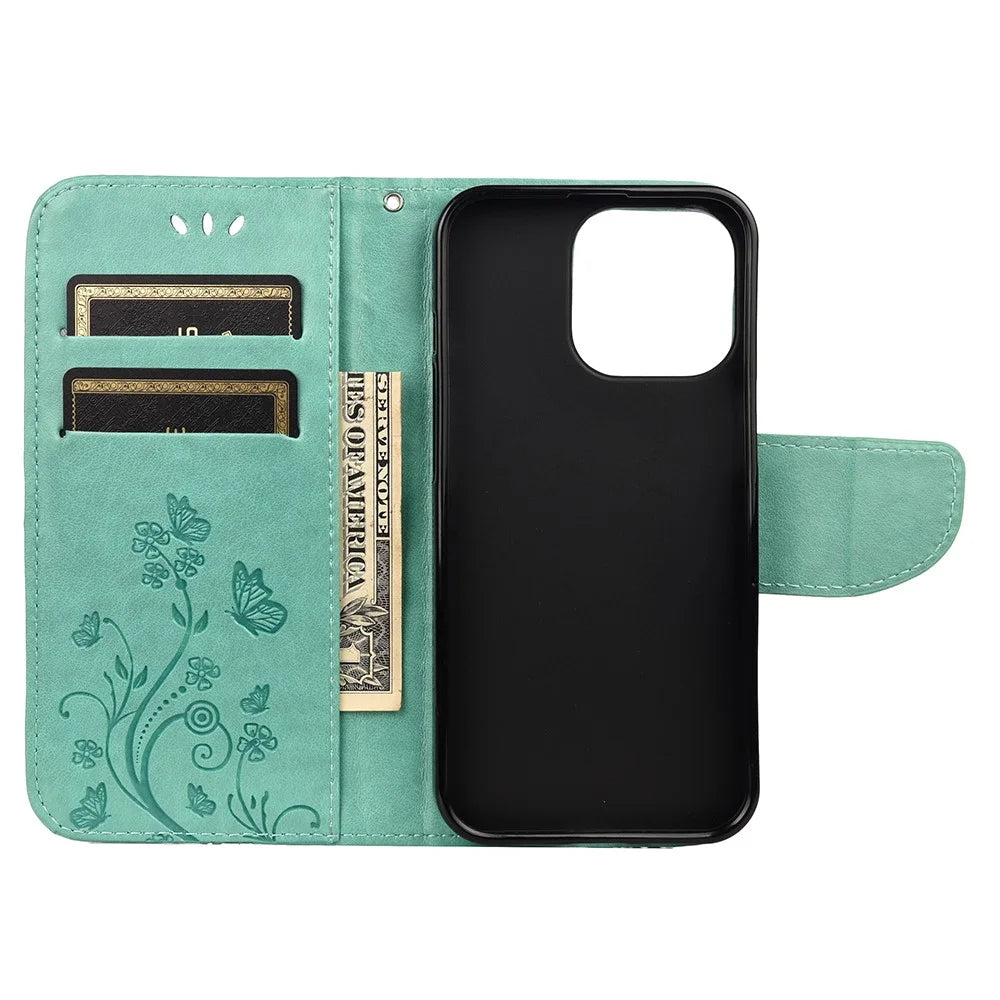 All-round protective Butterfly Flower Imprint Leather Wallet Phone Stand Case for iPhone 13 Pro 6.1 inch - Green - 4