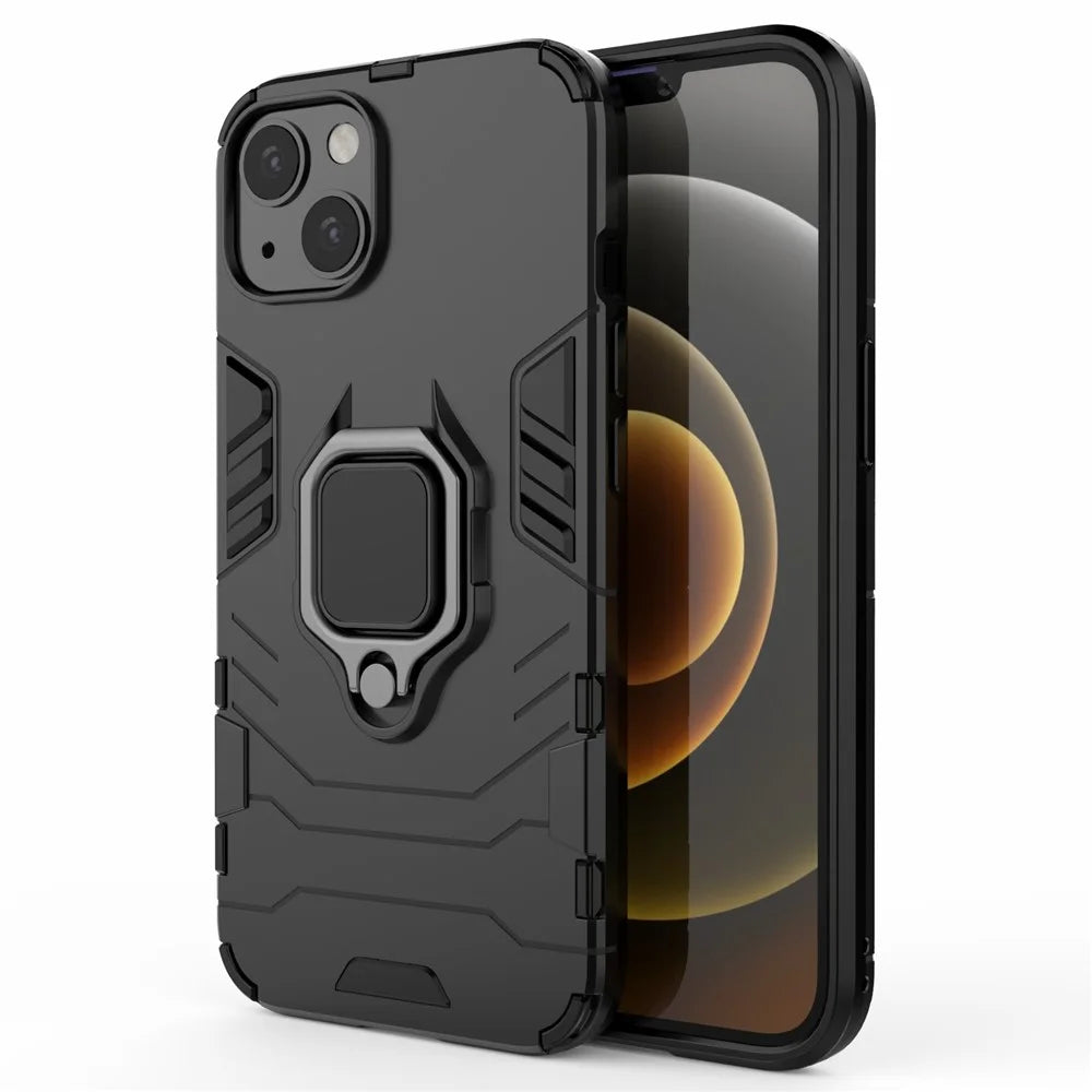 Anti-drop 2-in-1 PC TPU Hybrid Case with Ring Holder Kickstand for iPhone 13 6.1 inch - Black - 2