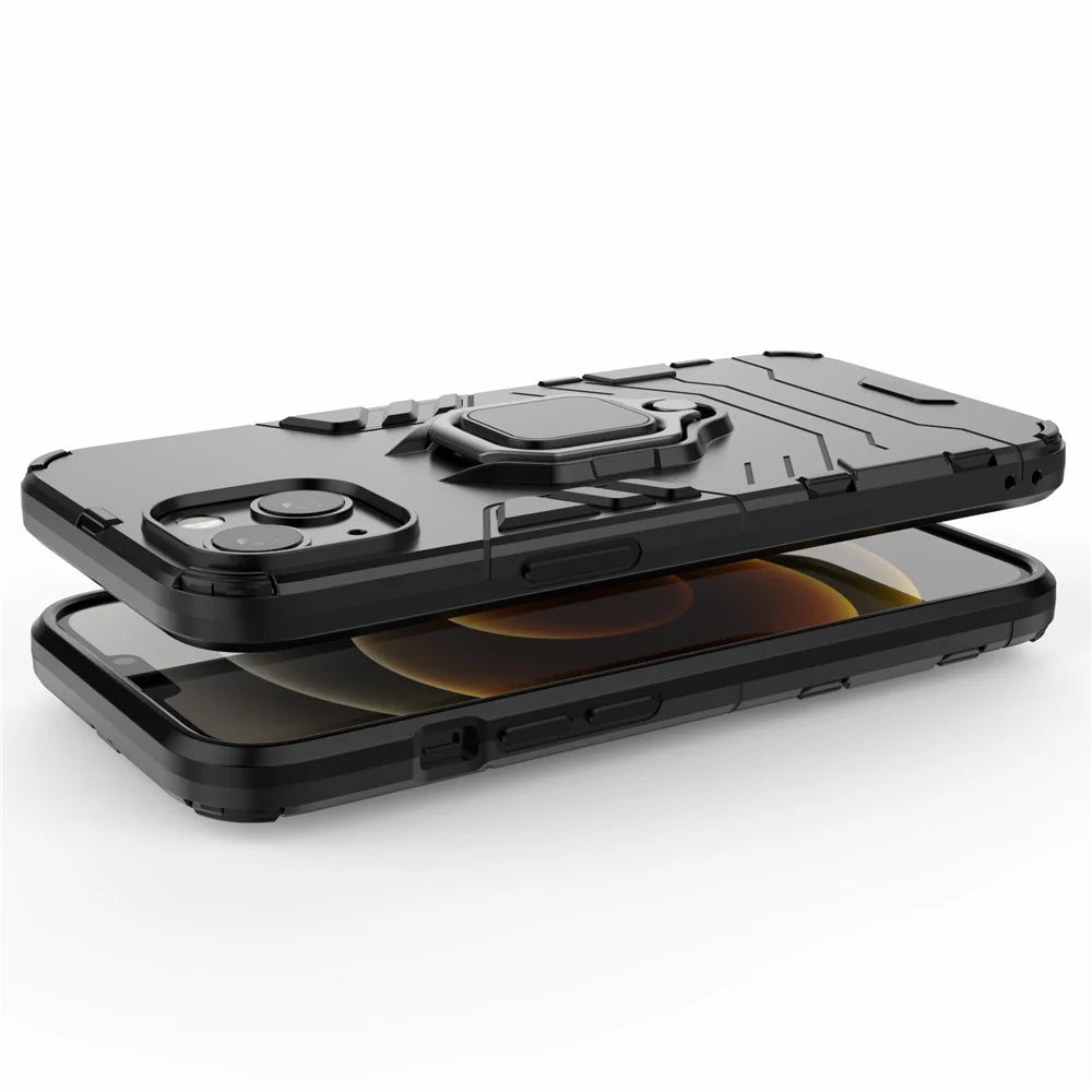 Anti-drop 2-in-1 PC TPU Hybrid Case with Ring Holder Kickstand for iPhone 13 6.1 inch - Black - 5