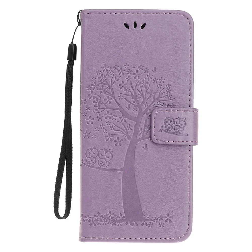 Owl Tree Imprint Wallet Stand Design PU Leather Case Protector with Wrist Strap for iPhone 13 Pro 6.1 inch - Light Purple - 2