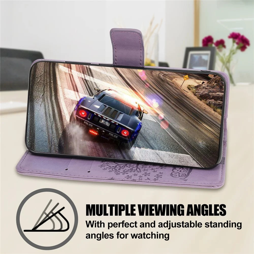 Owl Tree Imprint Wallet Stand Design PU Leather Case Protector with Wrist Strap for iPhone 13 Pro 6.1 inch - Light Purple - 5
