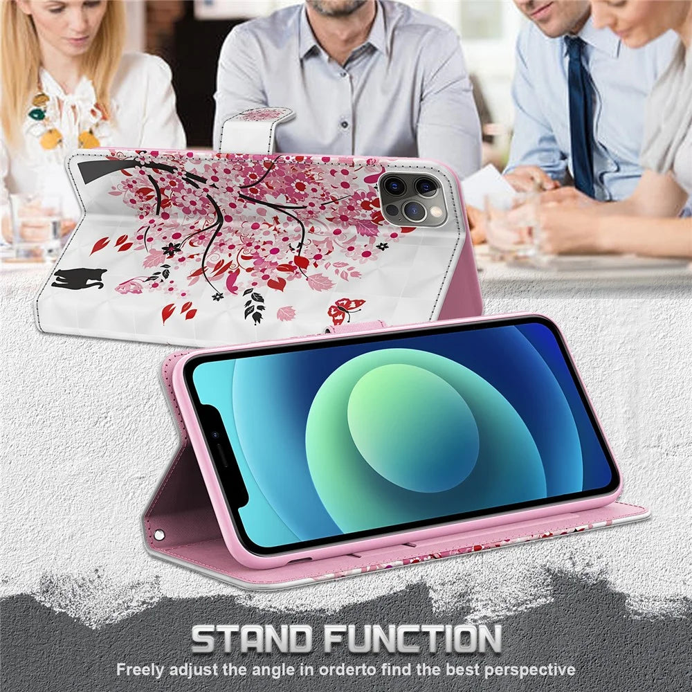 Cool 3D Pattern Printing PU Leather Magnetic Clasp Shockproof Stand Flip Cover with Strap for iPhone 13 mini 5.4 inch - Wish Tree - 3