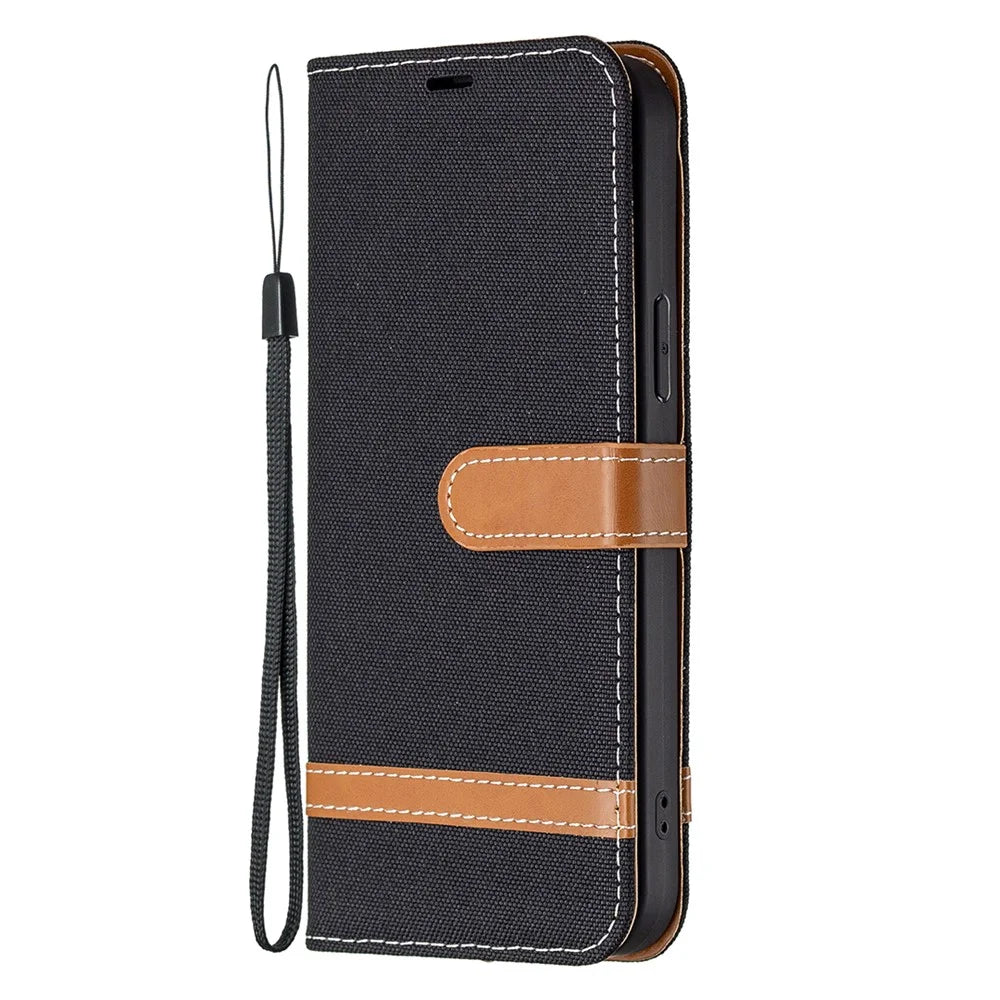 For iPhone 13 Pro Max 6.7 inch Wallet Design Drop-Proof Jeans Cloth Splicing Leather Stand Phone Cover - Black - 2
