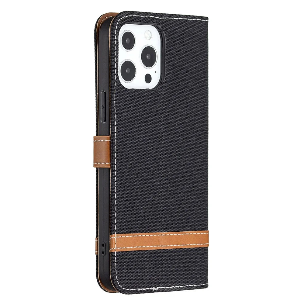 For iPhone 13 Pro Max 6.7 inch Wallet Design Drop-Proof Jeans Cloth Splicing Leather Stand Phone Cover - Black - 3