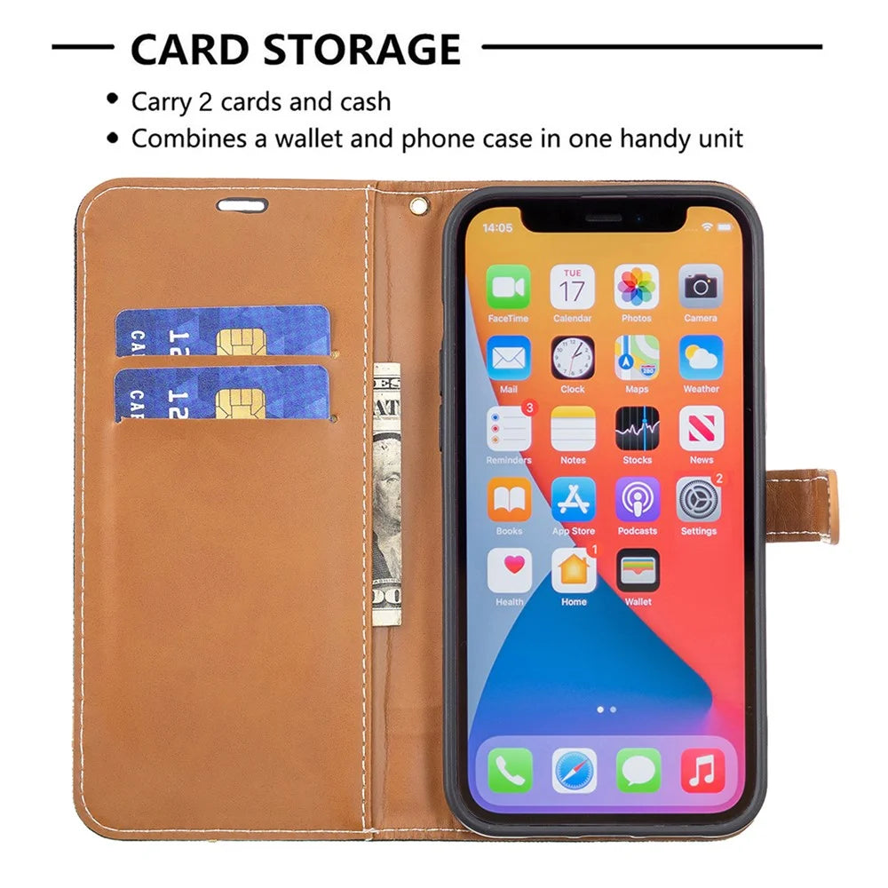 For iPhone 13 Pro Max 6.7 inch Wallet Design Drop-Proof Jeans Cloth Splicing Leather Stand Phone Cover - Black - 5