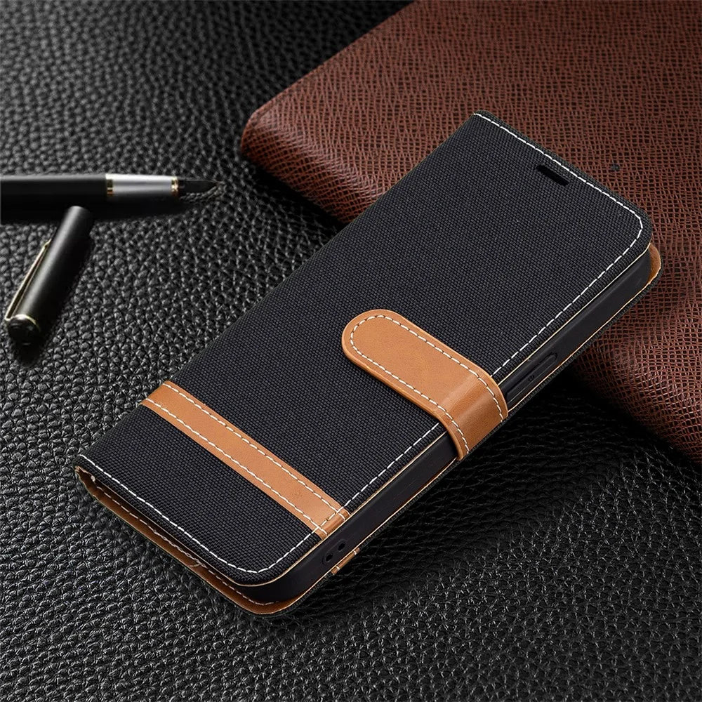 For iPhone 13 Pro Max 6.7 inch Wallet Design Drop-Proof Jeans Cloth Splicing Leather Stand Phone Cover - Black - 6
